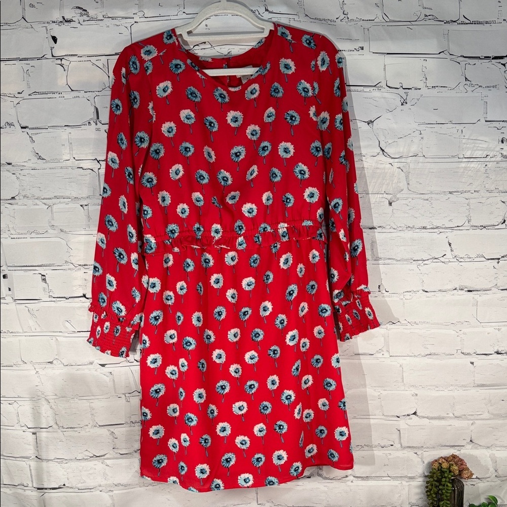 J. Crew Red Floral Puff Dandelion Long Sleeve Gathered Cuff Ruffle Waist Dress